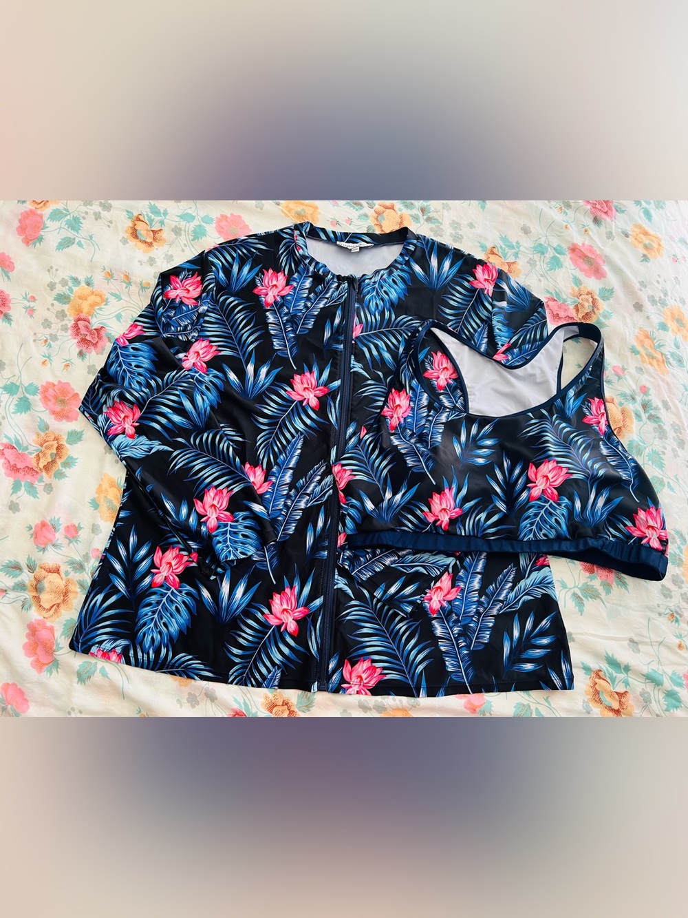 Hanna Nikole Tropical Floral Long Sleeve Zip Rash Guard & Swim Bra Set UPF 50+